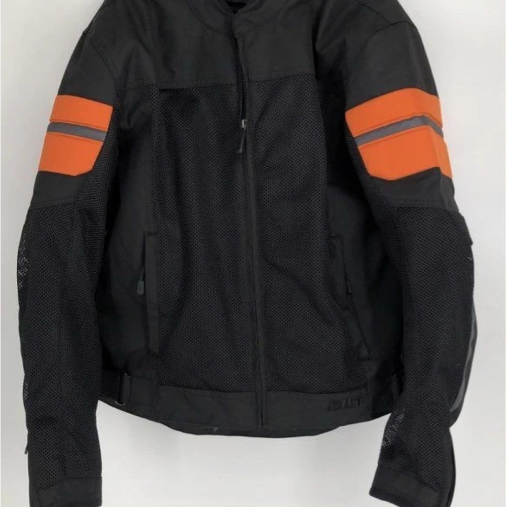 Mens Bilt Black and Orange Performance Motorcycle Jacket with Sporty Design